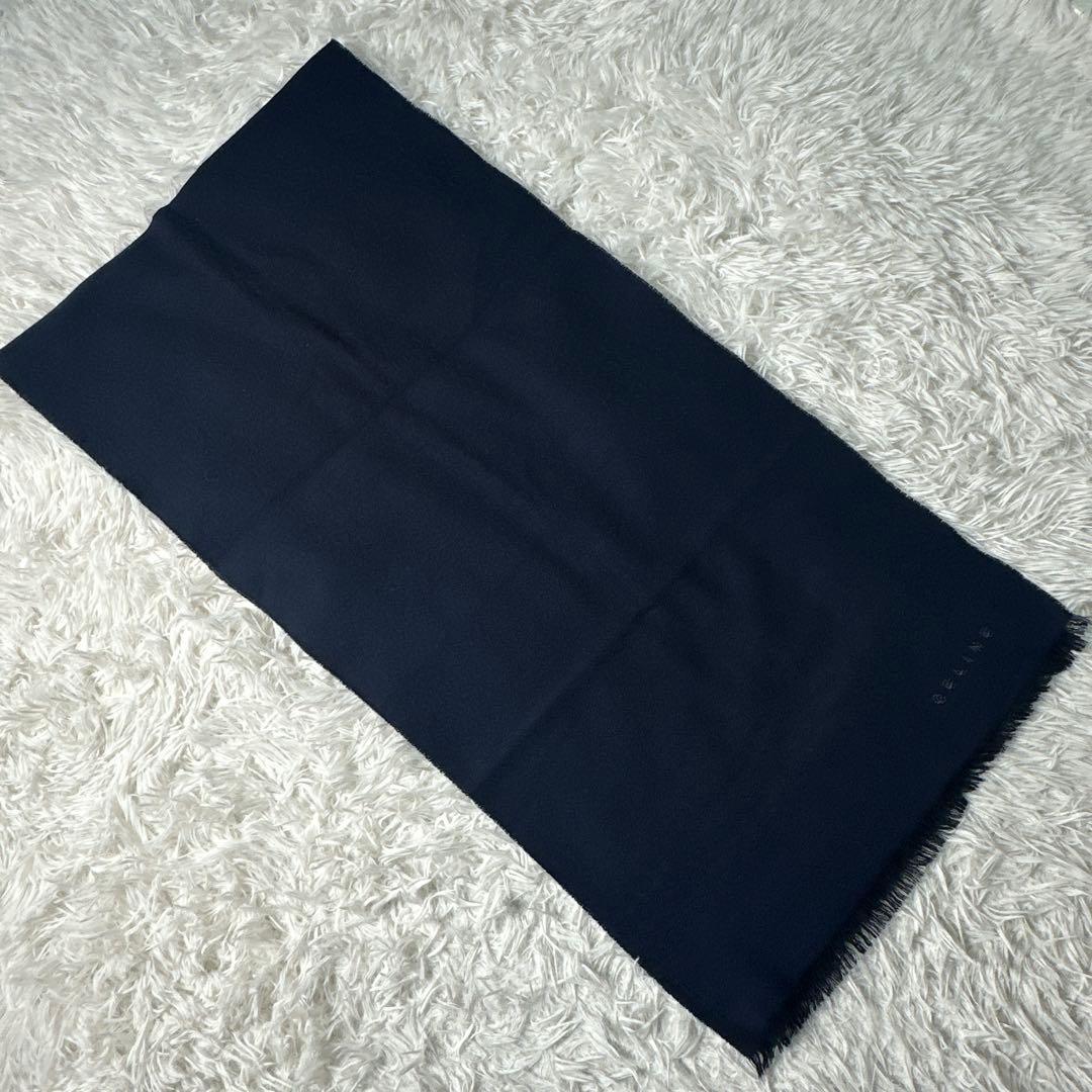 希少 CELINE ネイビー マフラー ストール フリンジ付き Cマカダム柄