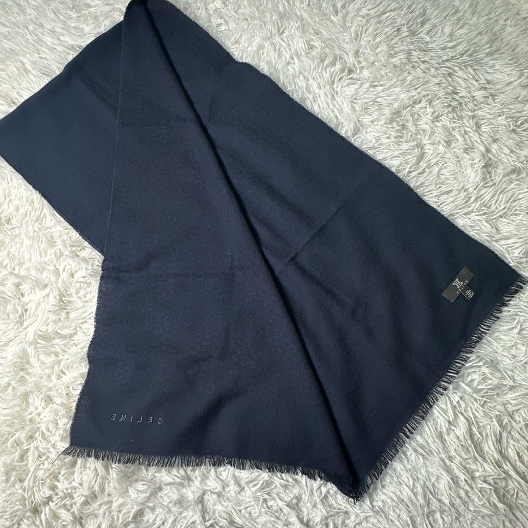 希少 CELINE ネイビー マフラー ストール フリンジ付き Cマカダム柄