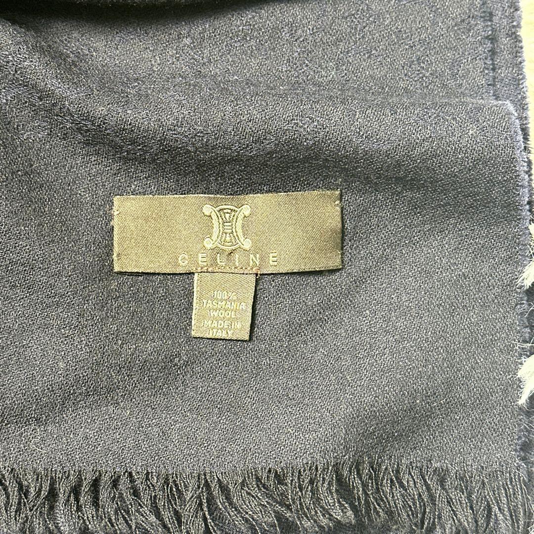 希少 CELINE ネイビー マフラー ストール フリンジ付き Cマカダム柄