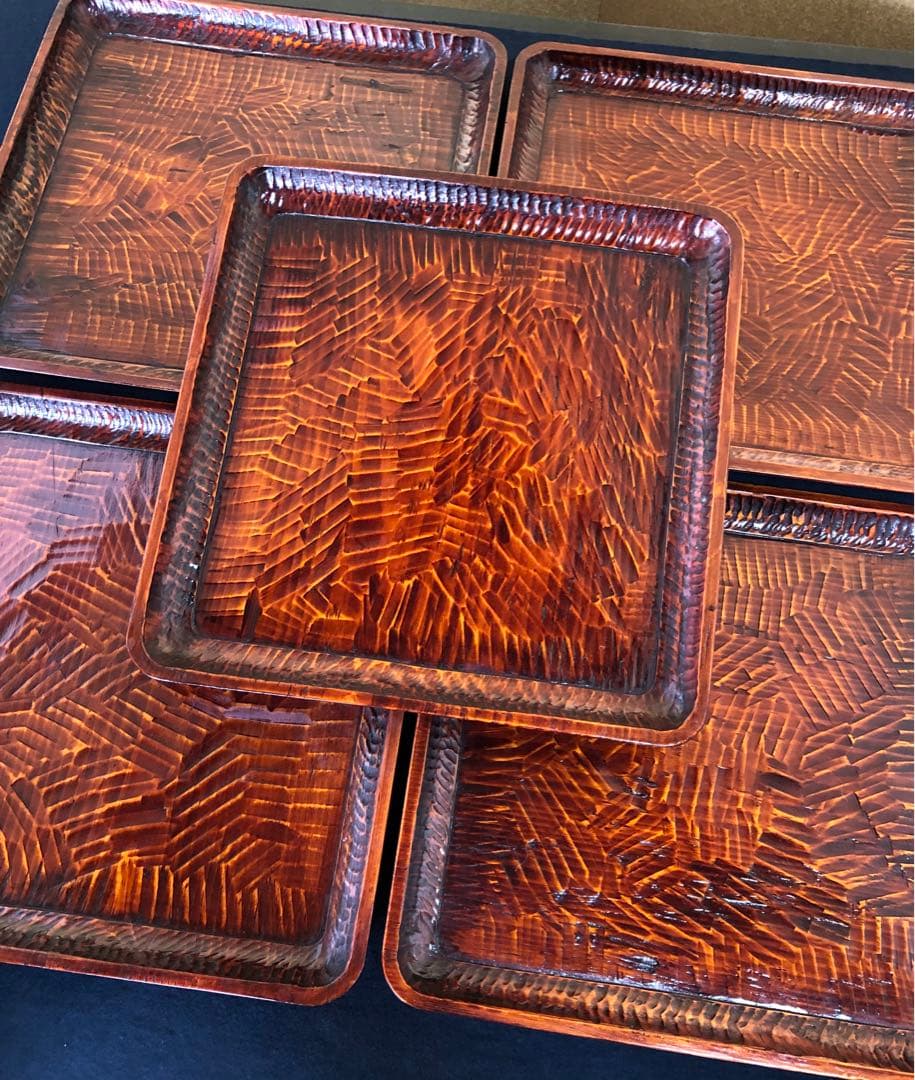 割引❣️《レ》伝統工芸 讃岐彫 四方膳10客 讃岐盆 銘々膳 木箱251024い6