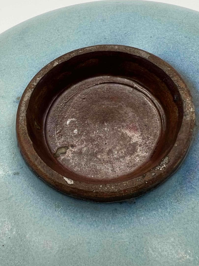 宋時代　青磁 鈞窯青釉飛紫紅斑盤　【旧家蔵出し】　窯変釉　辰砂皿(E-93)