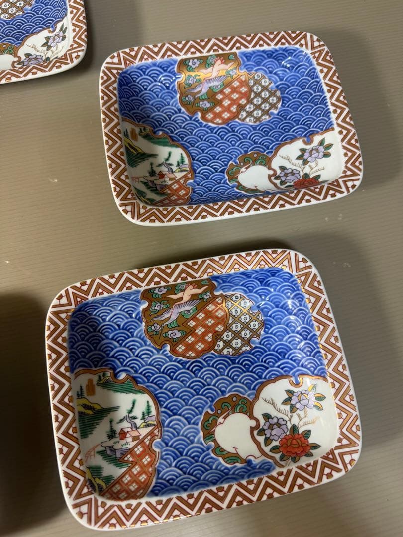 2367 林九郎窯 古伊万里風 青海波地紋雪輪 銘々皿５枚組 波佐見焼　未使用