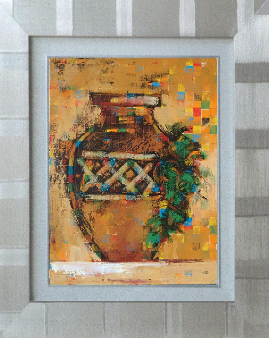 油絵 菅家令子絵 絵画インテリア額付(青緑＋金色の枠) uF6-064104 壺