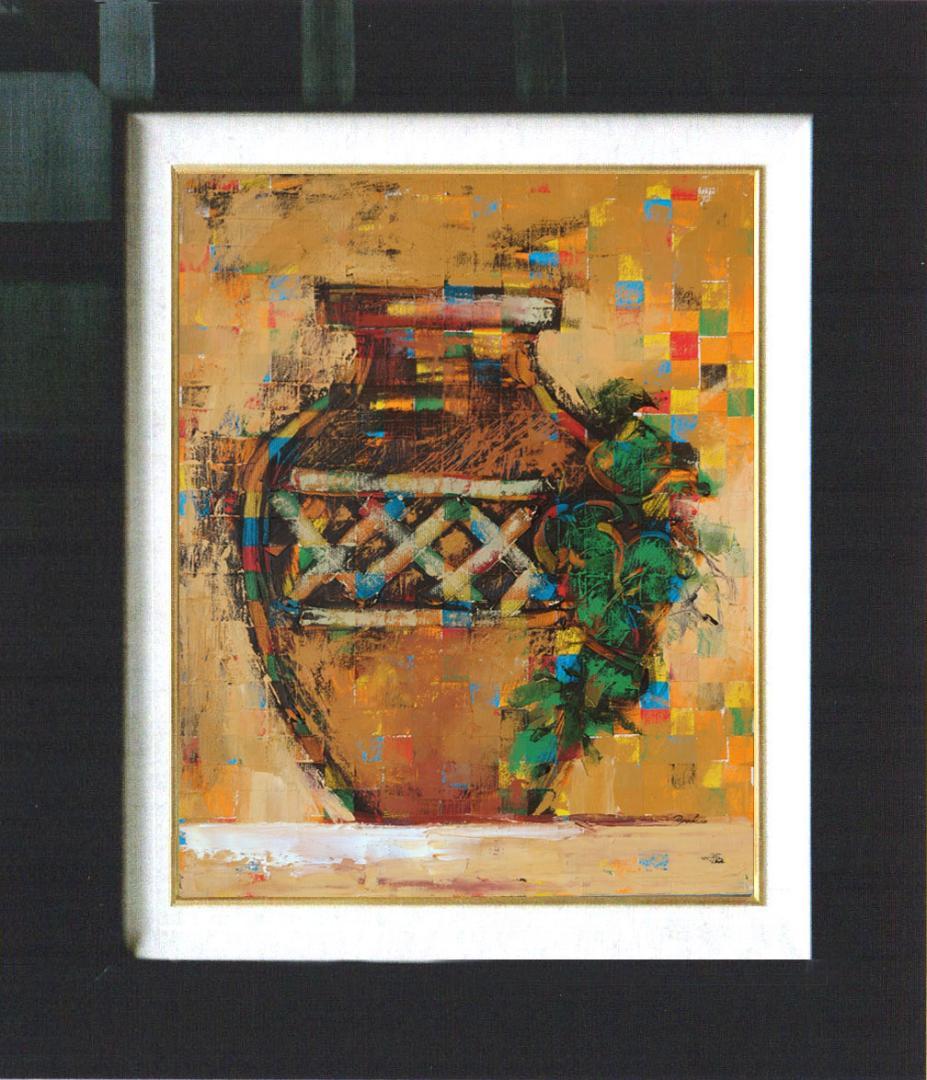 油絵 菅家令子絵 絵画インテリア額付(青緑＋金色の枠) uF6-064104 壺