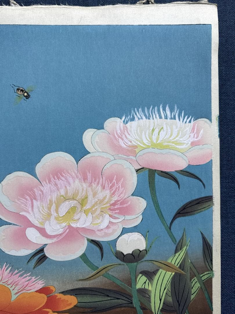 希少！大野麦風 木版画「蜂に芍薬の図」