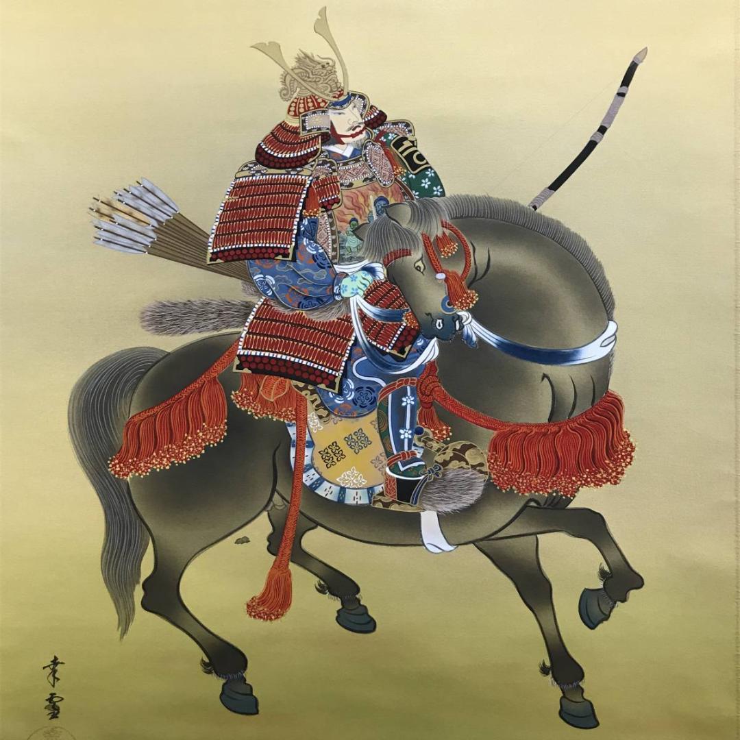 【真作】国井幸雪/富士馬上武者図/武者絵/掛軸/名家伝来/AD-370