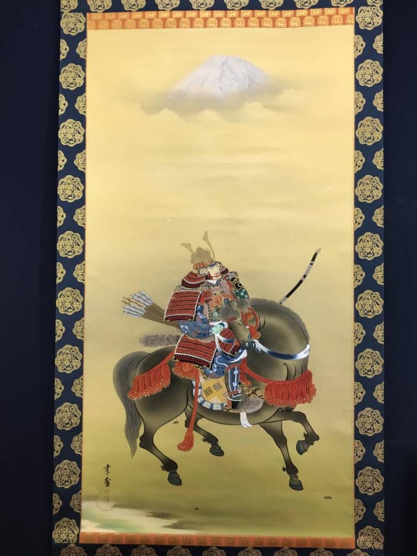 【真作】国井幸雪/富士馬上武者図/武者絵/掛軸/名家伝来/AD-370