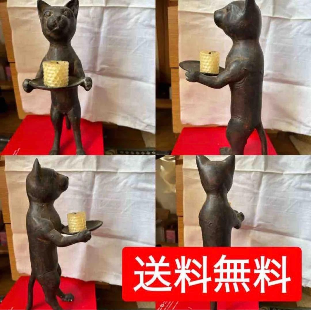 アンティーク　バリ猫　置物　ブロンズ像　銅　　蜜蝋キャンドル付き