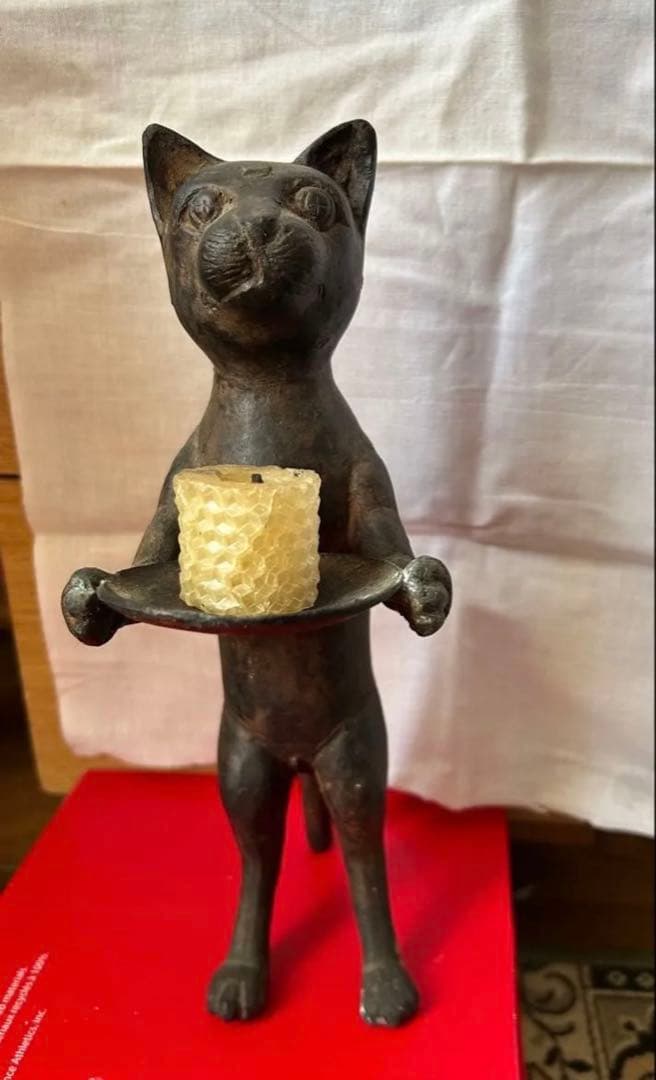 アンティーク　バリ猫　置物　ブロンズ像　銅　　蜜蝋キャンドル付き