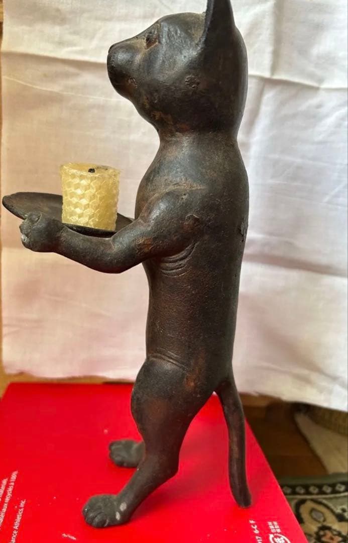 アンティーク　バリ猫　置物　ブロンズ像　銅　　蜜蝋キャンドル付き