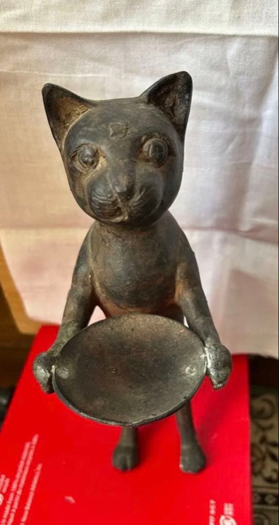 アンティーク　バリ猫　置物　ブロンズ像　銅　　蜜蝋キャンドル付き