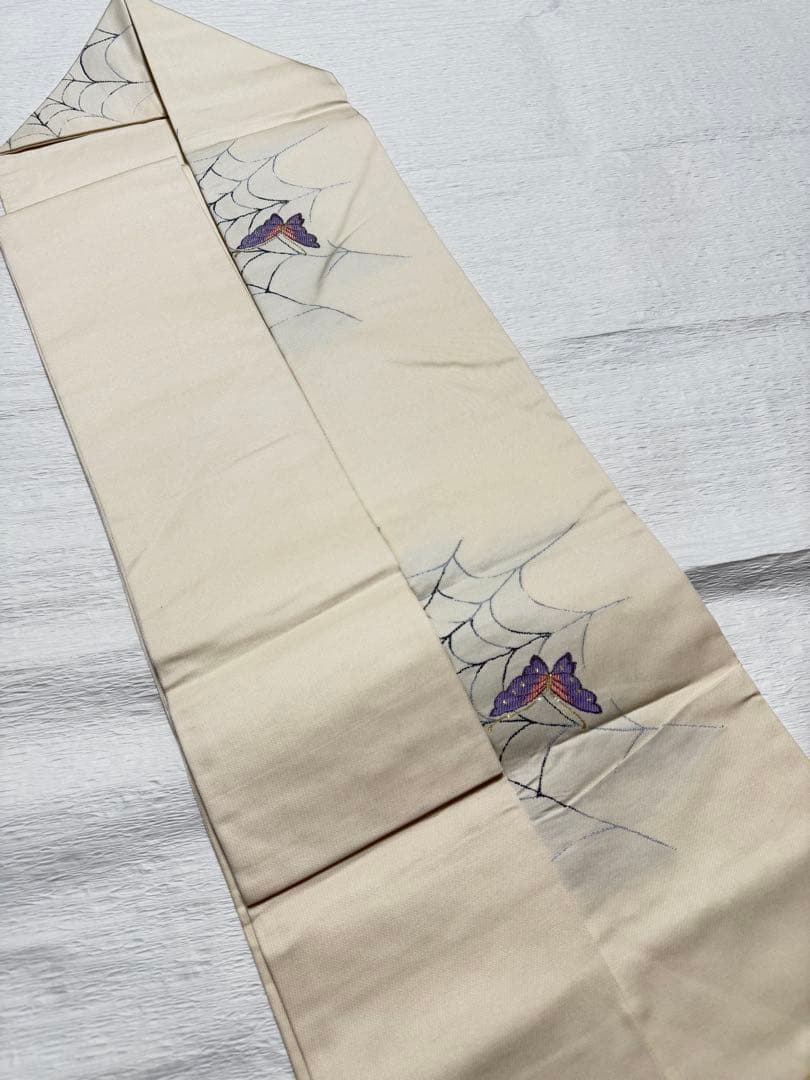 m-20 名古屋帯 クモの巣と蝶の刺繍 西陣織 正絹 未使用極美品