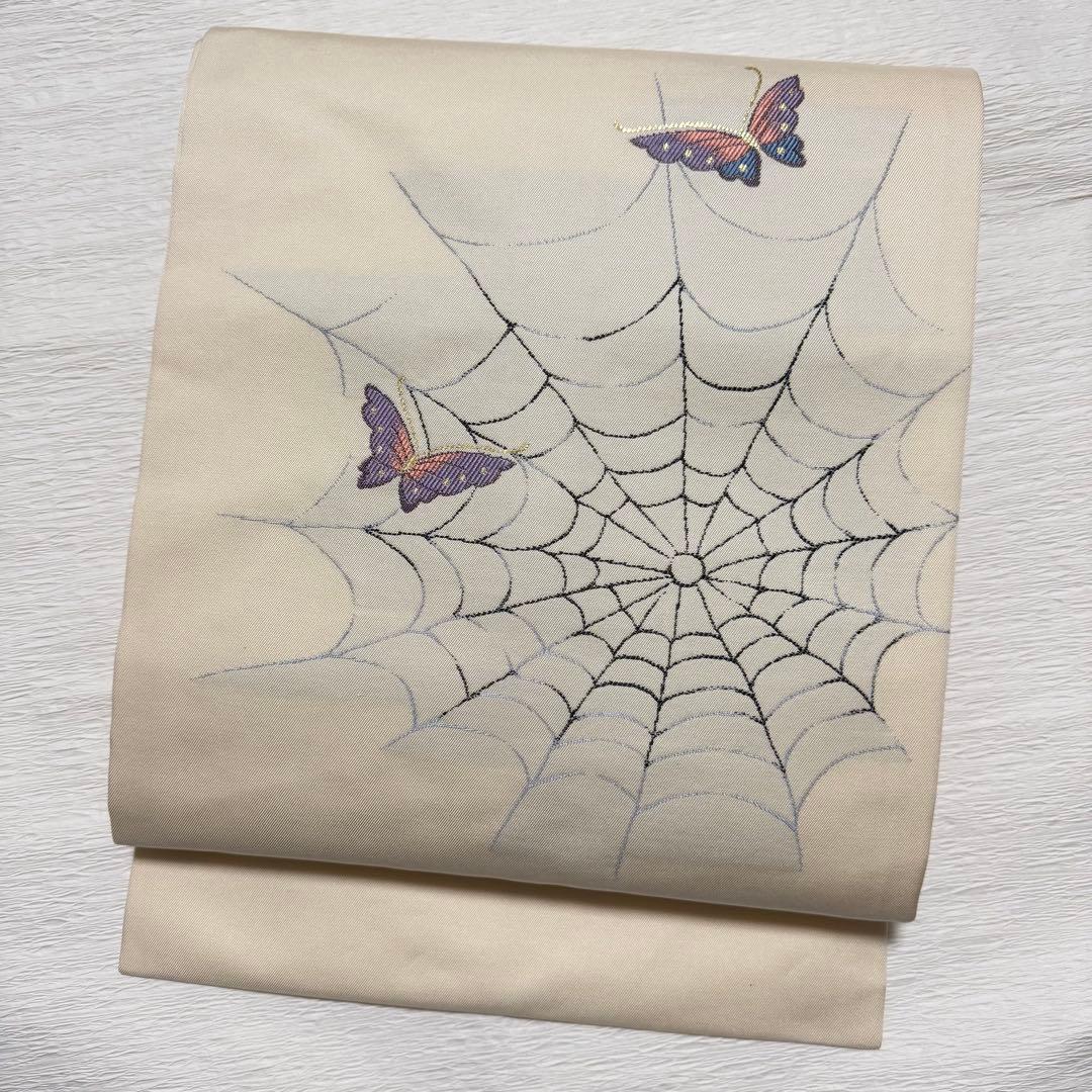 m-20 名古屋帯 クモの巣と蝶の刺繍 西陣織 正絹 未使用極美品