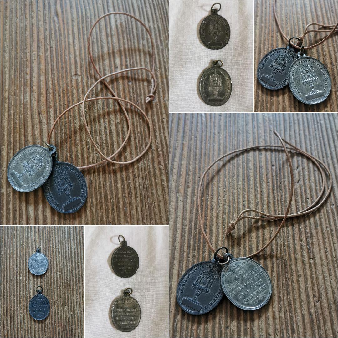 アンティークメダイ 祭壇と聖人 異素材ラージチャーム2枚ペアセット天然革紐付き