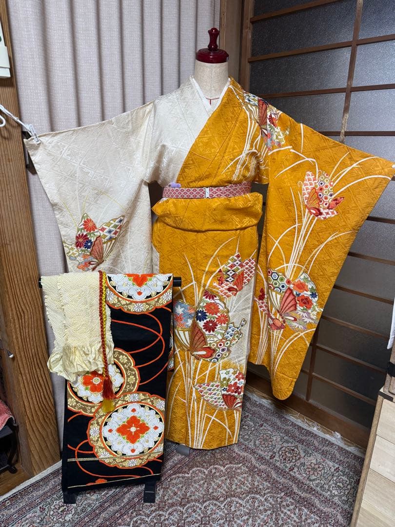 正絹振袖、長襦袢、袋帯、帯揚げ帯締めセット