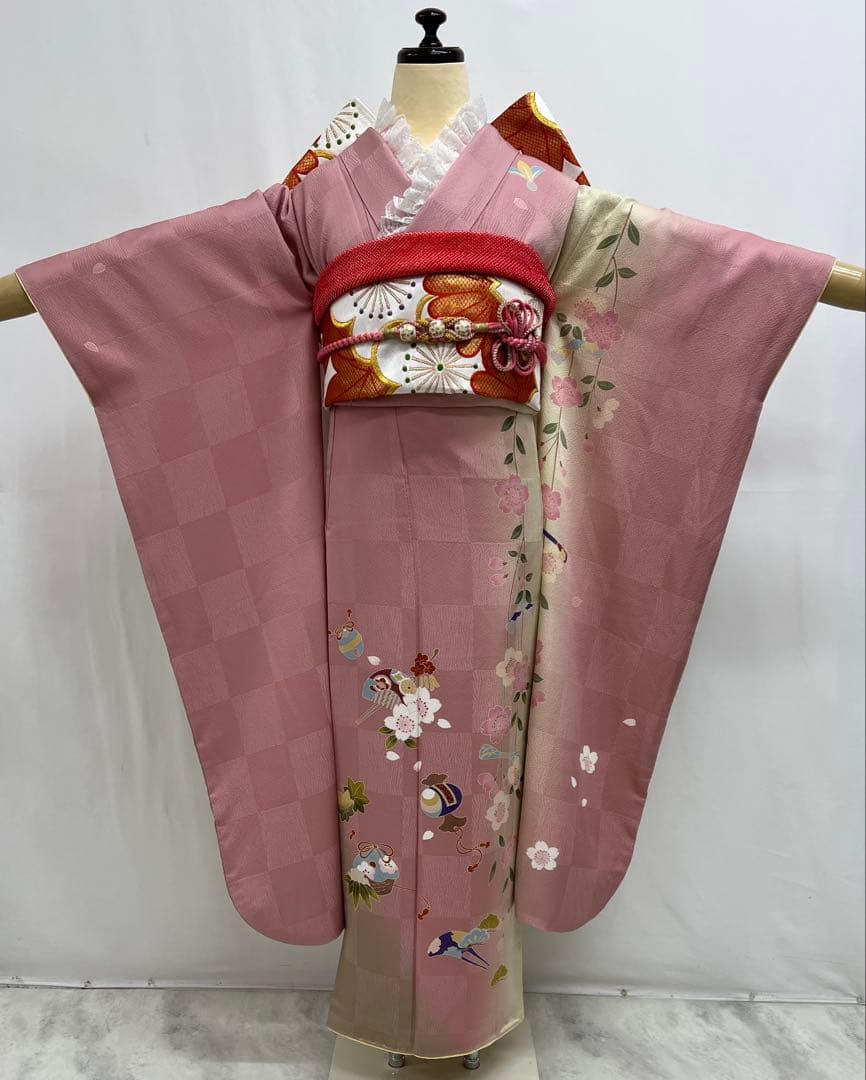 大特価　振り袖　フルセット　長襦袢付　ピンク　桜　梅　金彩加工　661