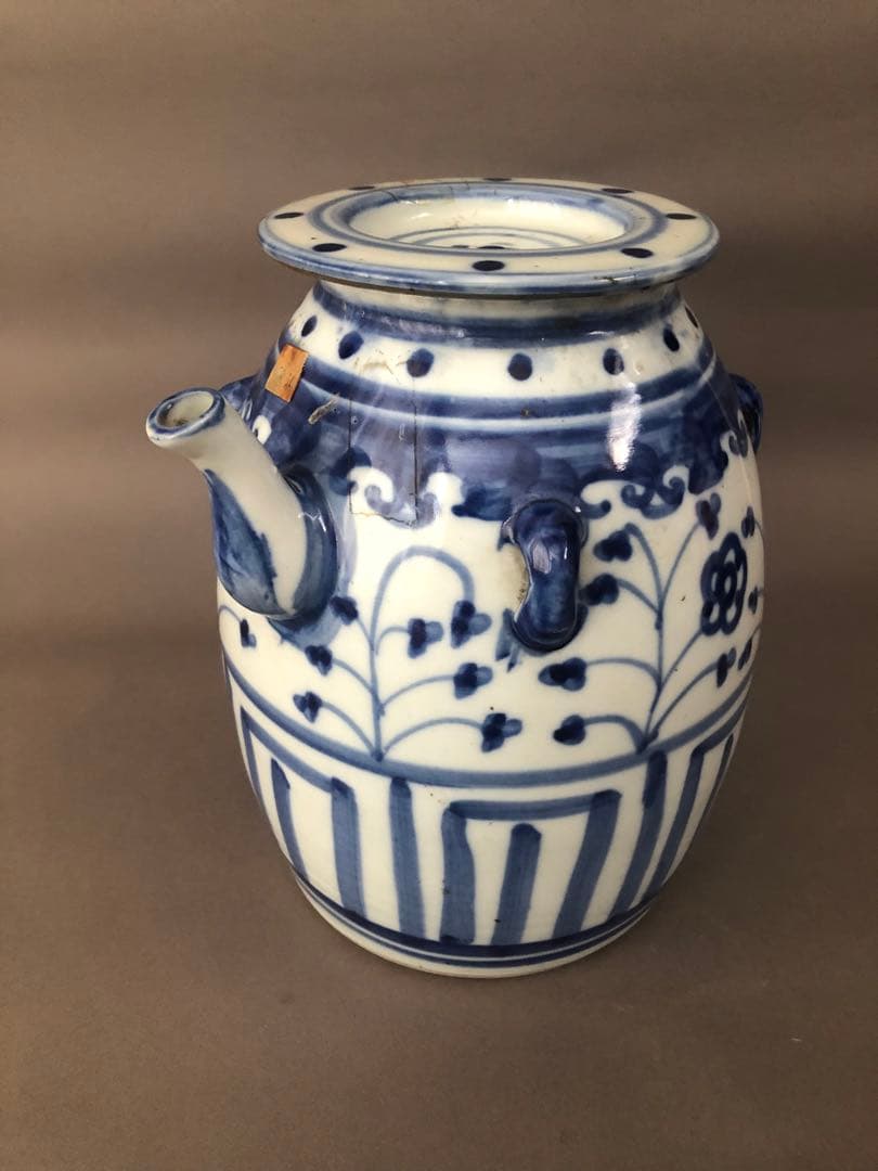 中国骨董　古美術　青花四耳水差し、花瓶