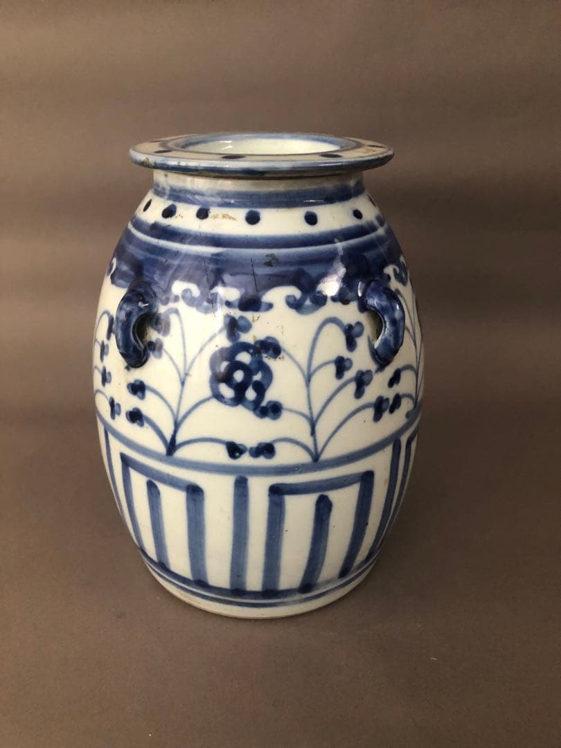 中国骨董　古美術　青花四耳水差し、花瓶