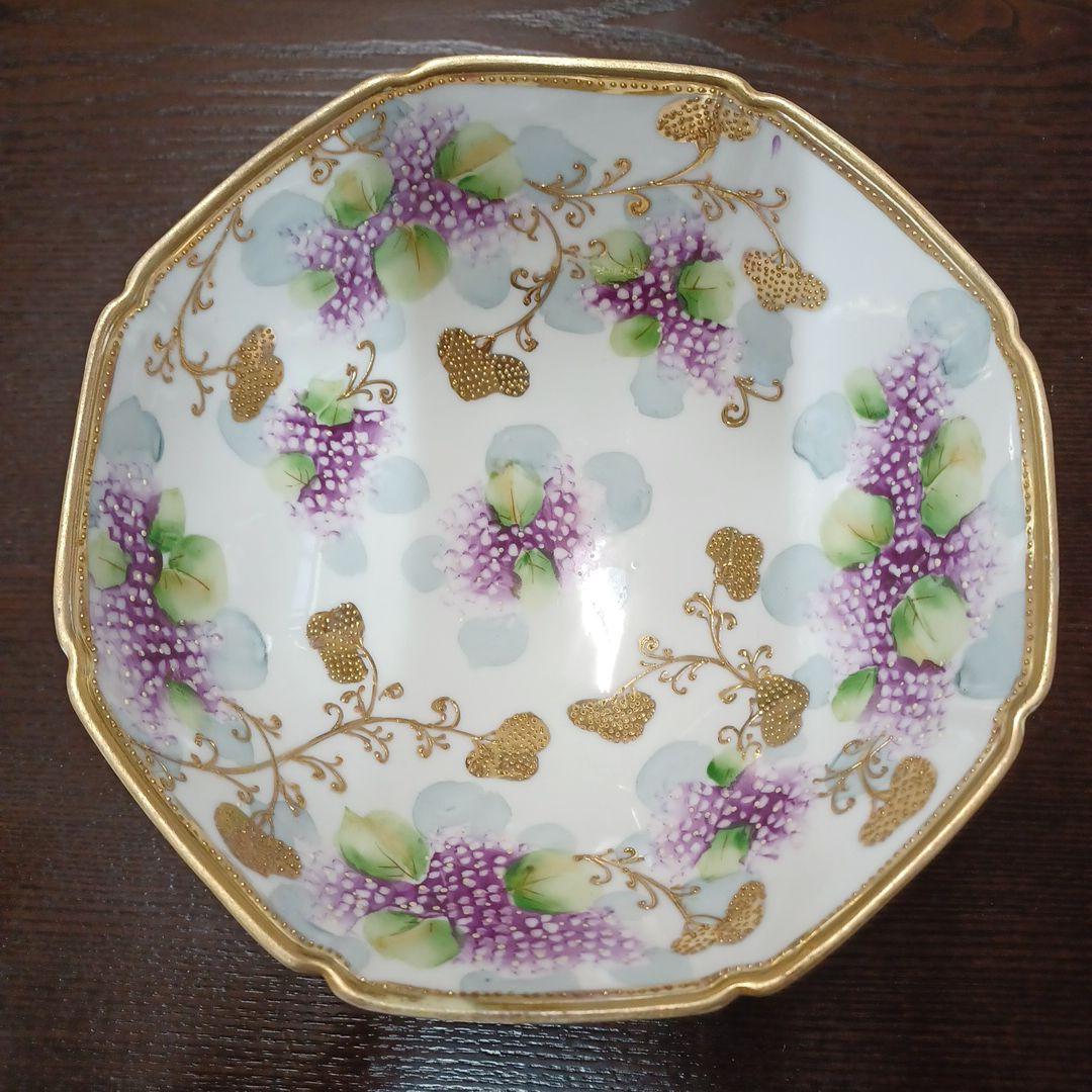 オールドノリタケ　アジサイ文ボール　猫足　メープルリーフ印　金彩　レア