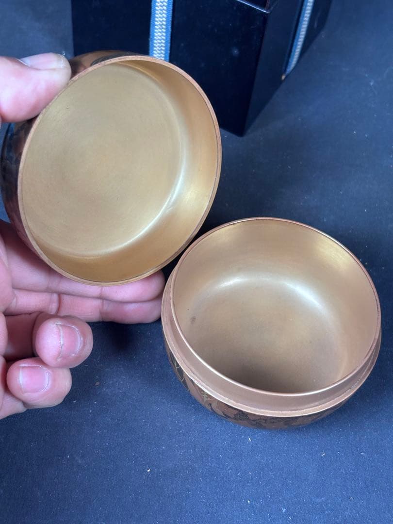 送料無料　漆塗り 棗　平棗　木地　花詰め　和骨董　金彩　蒔絵　茶道具