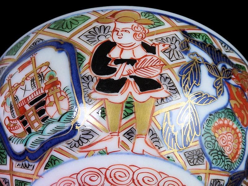 大聖寺伊万里　金襴手　五艘船に南蛮人の図　蓋茶碗　F318AS-CXy