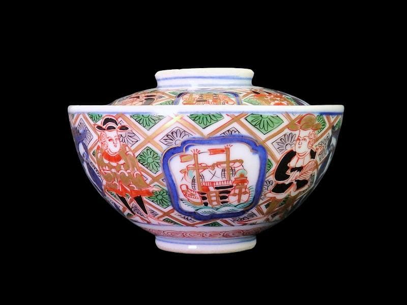 大聖寺伊万里　金襴手　五艘船に南蛮人の図　蓋茶碗　F318AS-CXy