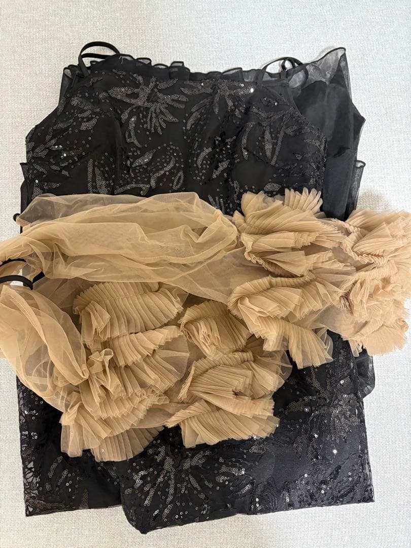 フラワースパンコールチュールフリルスリーブIラインワンピースドレス結婚式成人式