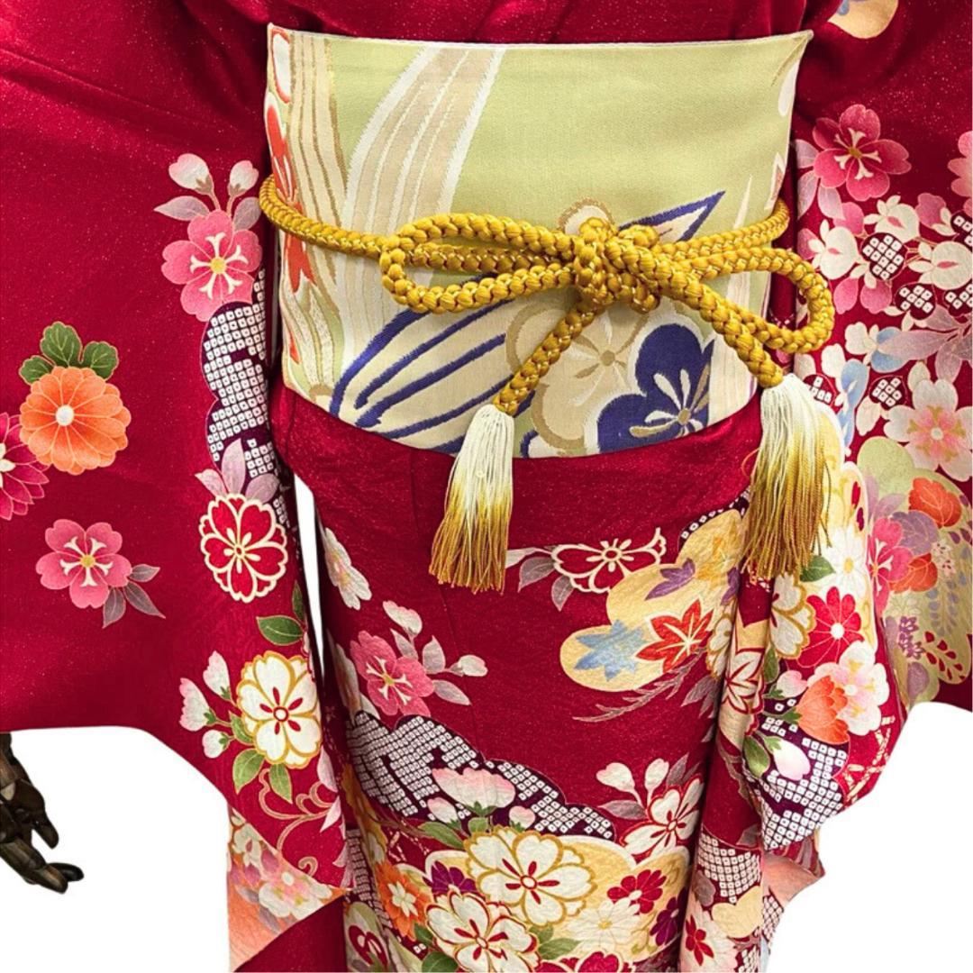 ≪早い者勝ち≫【美品】 振袖 正絹 古典柄 成人式 単品 赤 ラメ 198 ●