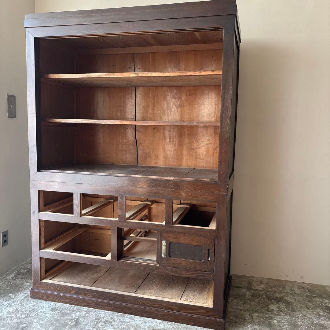 古い水屋箪笥　食器棚　ガラス棚　本棚　ガラスケース　木製箪笥 和家具　天然木