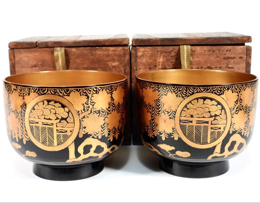 時代漆器 輪島塗 蝋色塗 糸櫻蒔絵 内金溜 盃洗 天然木 漆塗り 漆芸 時代箱