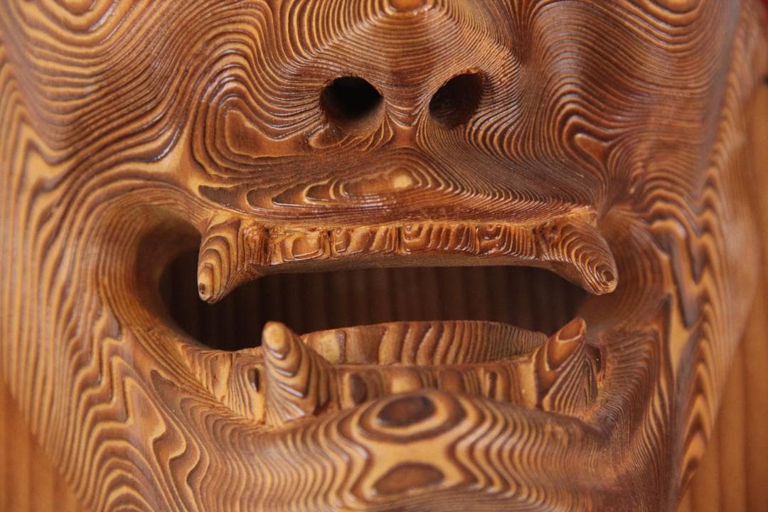 千寿屋久杉 般若面 能面 魔除 芳雲 木彫 飾面 掛面 欠けあり ES11-12