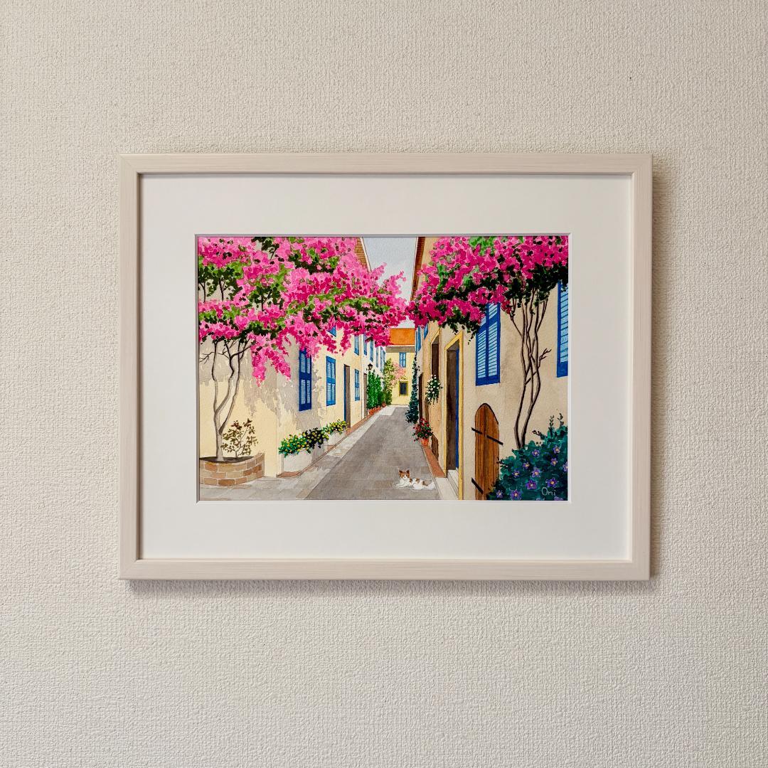 透明水彩画　原画　「花の咲く路地05」額縁付き　F4サイズ　風景画