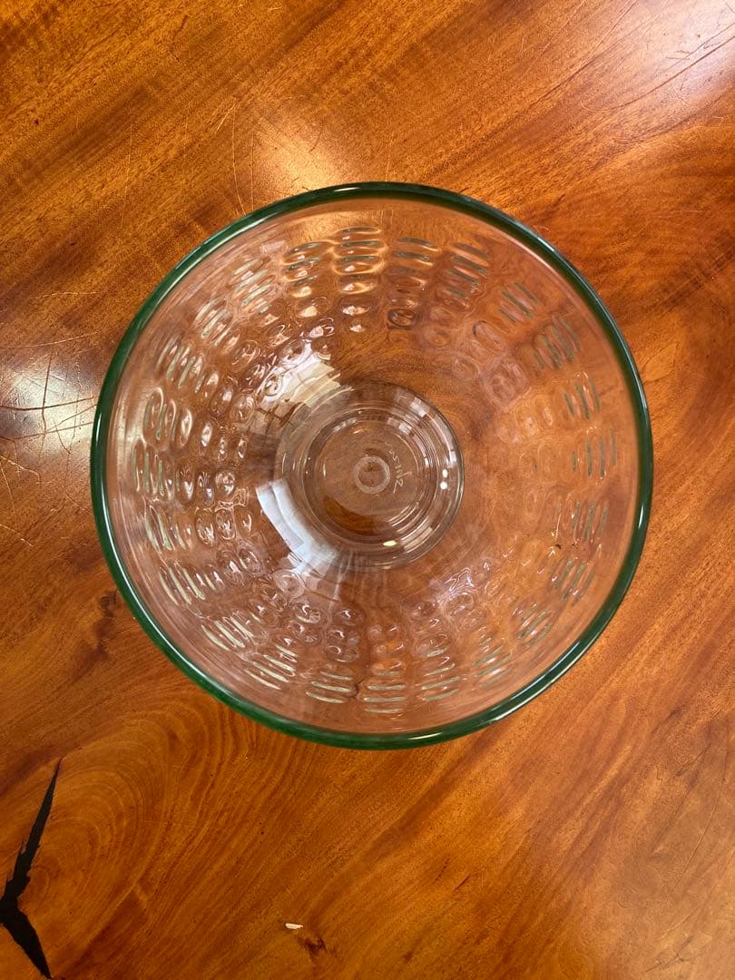 船木倭帆　ガラス製ボウル 緑の縁付き　あられ紋