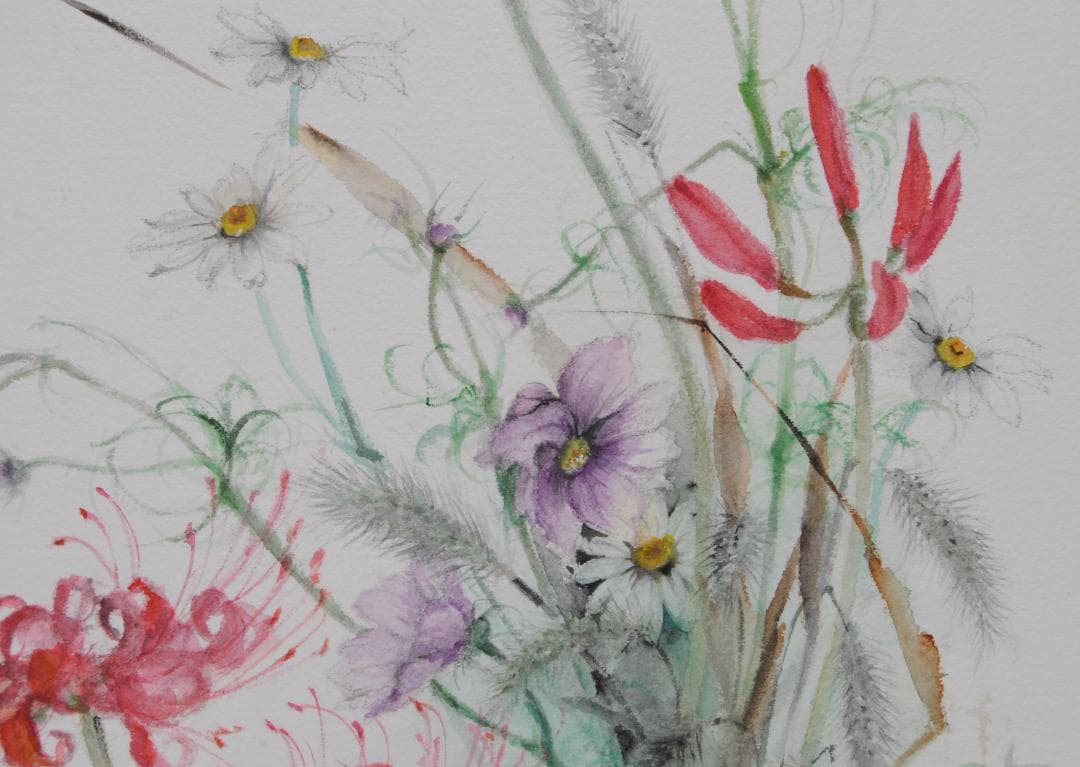 彼岸花 曼殊沙華 コスモス のじぎく 猫じゃらし 水彩画 絵画 花の絵 秋