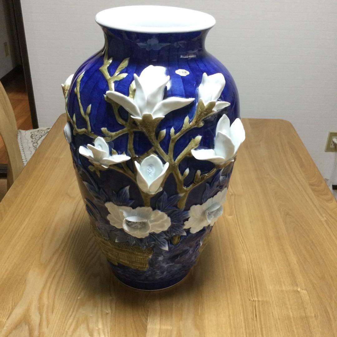 ☆値下げ！有田焼　花瓶　陶器　花　白　紺　ツルツル　豪華！緒方松右衛門？