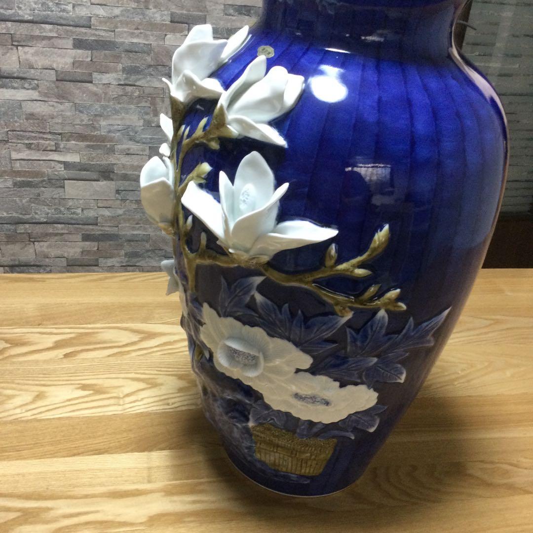 ☆値下げ！有田焼　花瓶　陶器　花　白　紺　ツルツル　豪華！緒方松右衛門？