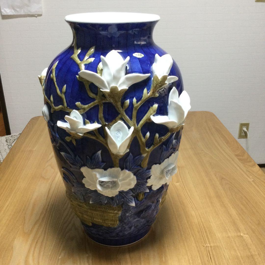 ☆値下げ！有田焼　花瓶　陶器　花　白　紺　ツルツル　豪華！緒方松右衛門？