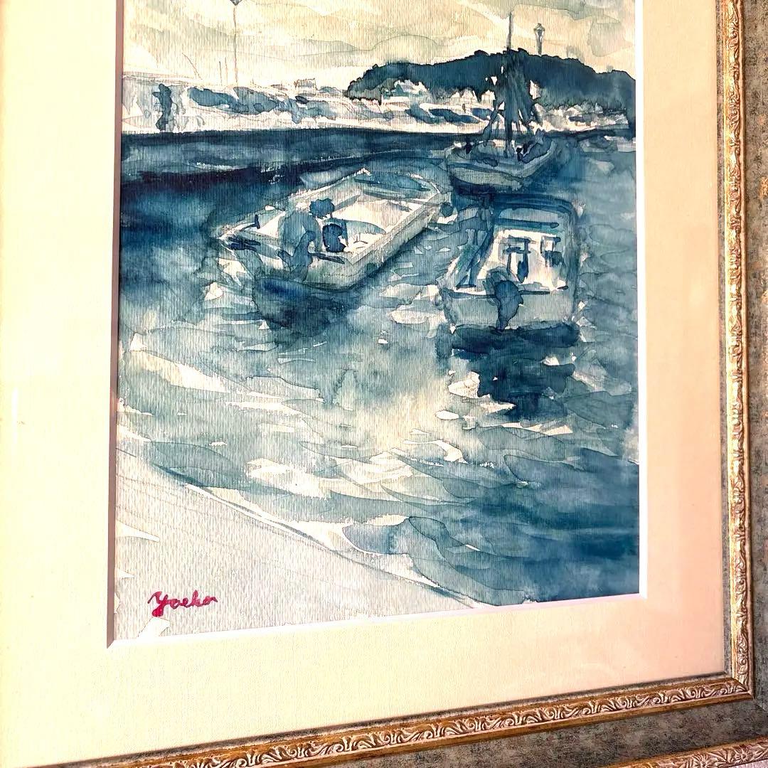 水彩画 F4 額、額装付き　湘南海岸ボートと港の風景　遠くに江ノ島