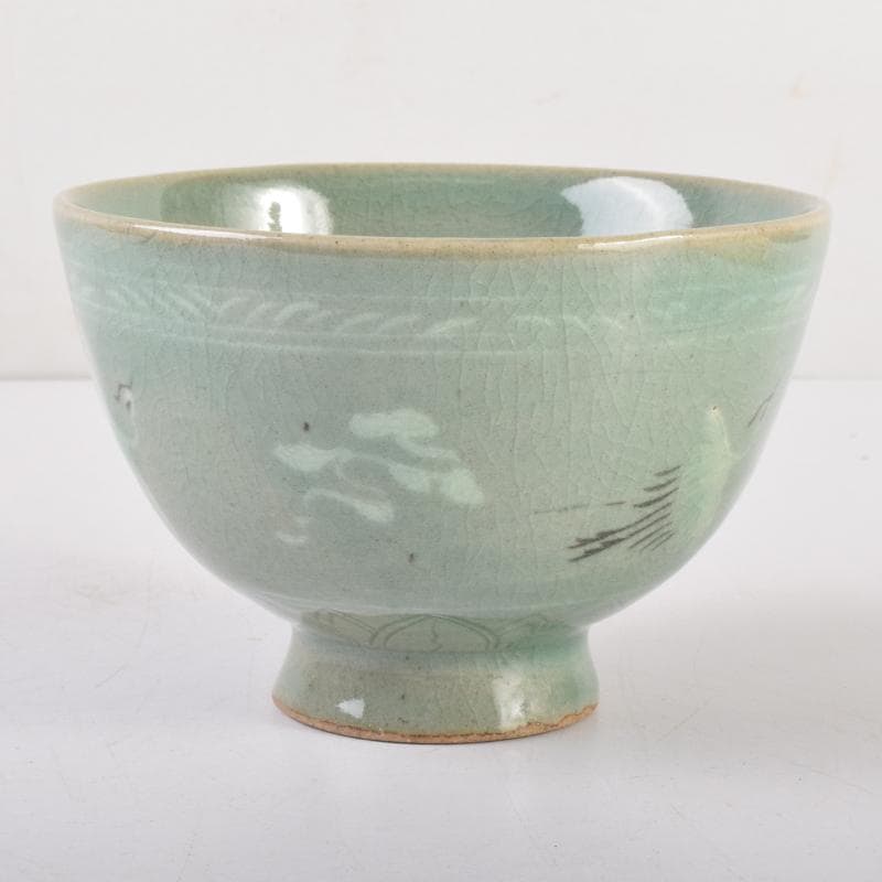 豆　一玉作　高麗青磁　象嵌雲鶴文　茶碗　共箱　C　7143