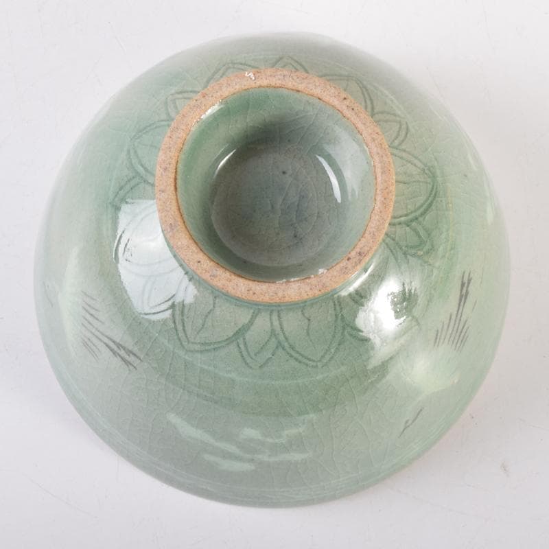 豆　一玉作　高麗青磁　象嵌雲鶴文　茶碗　共箱　C　7143