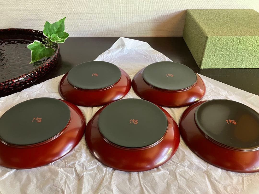 輪島塗　銘々皿　椿皿　菓子皿　５枚　古代朱　市中佑佳 氏　日展特選作家