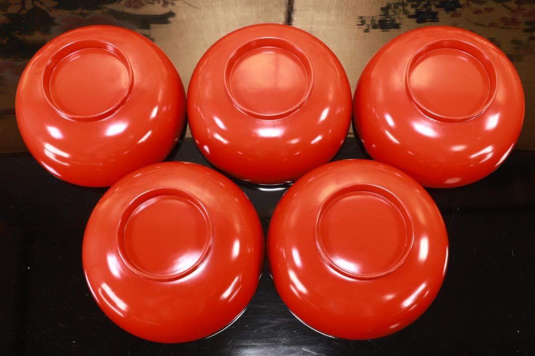 BJ120a　時代輪島塗　四君子図蒔絵　吸物椀　五客　木製　茶道具 懐石 菓子