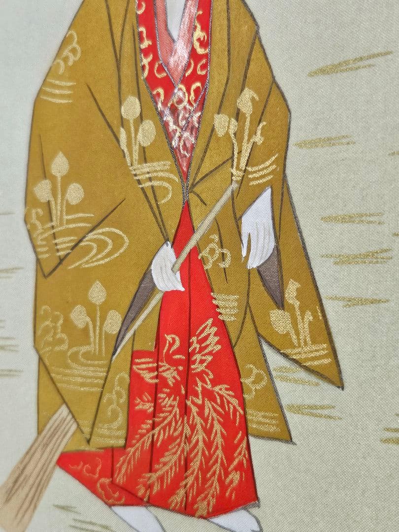 宮原寿勝　高砂図　金泥　絹本　共箱　タトウ　証明書　風鎮　軸先紅為塗り　掛け軸