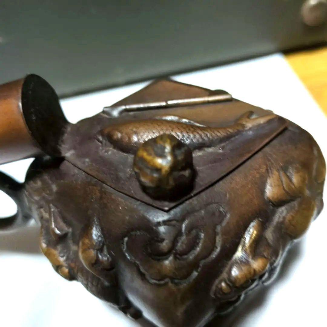 古民具 煙管 キセル 金属製 蓋付き 全長34cm 時代物 喫煙具 アンティーク