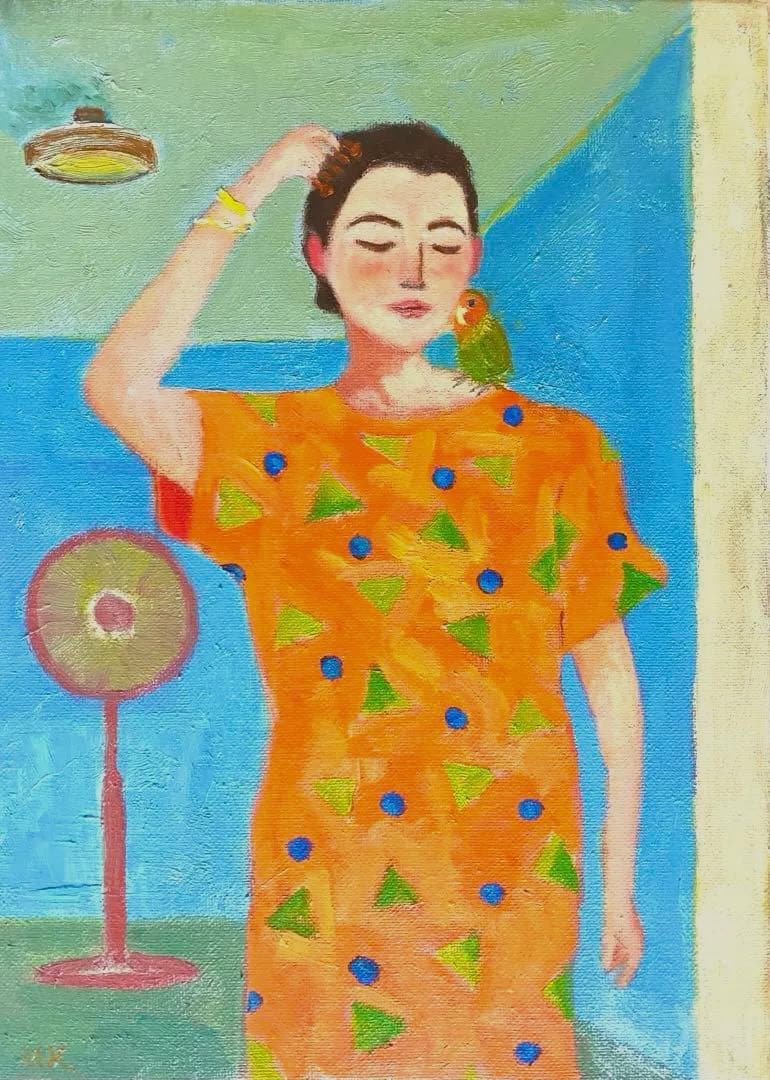 女性とコザクラインコ F4 油彩画 絵画