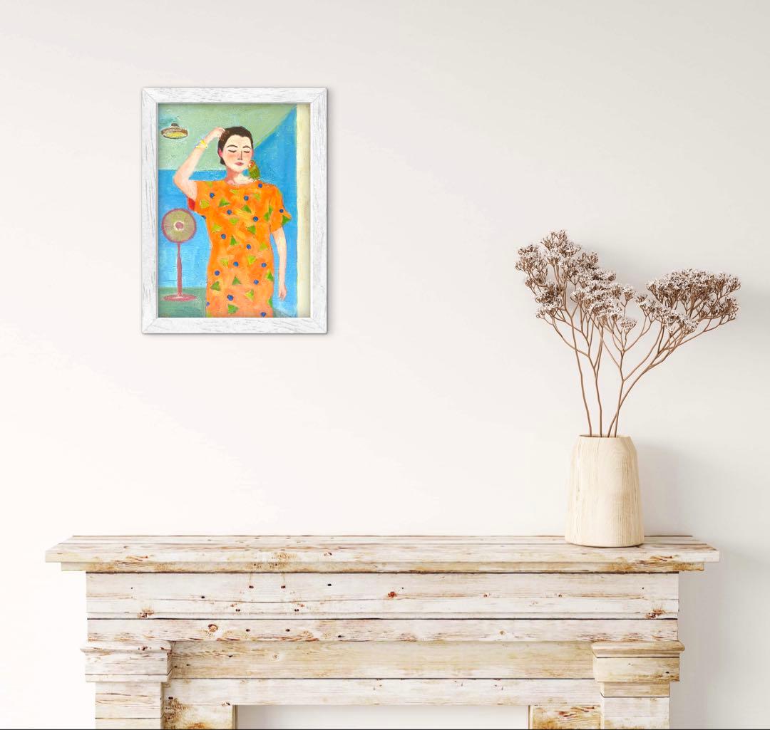 女性とコザクラインコ F4 油彩画 絵画