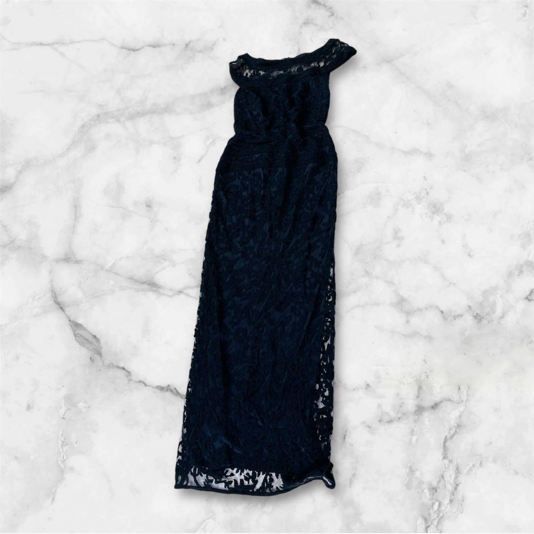 タダシショージ レース 刺繍　スリット ロングドレス　ネイビー　ワンピース