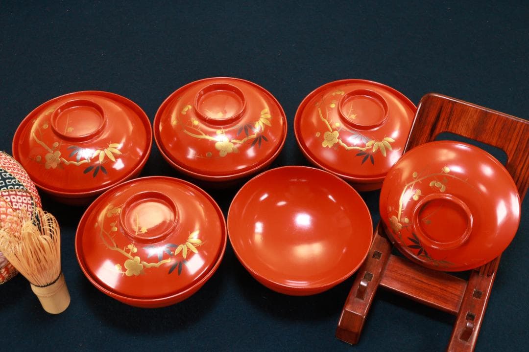 時代漆器　輪島塗　松竹梅蒔絵 　吸物椀　五客　塗椀　汁椀　木製　BJ073