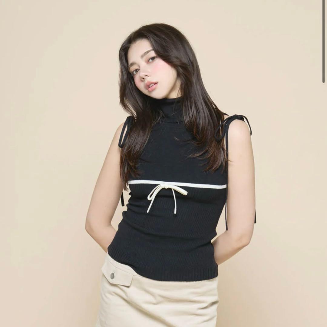トップス andmary Adele ribbon tank Black