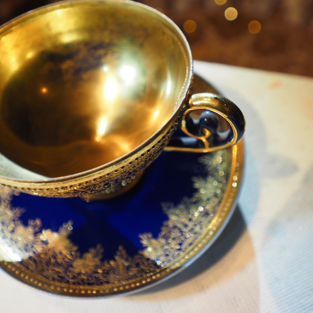 オールドノリタケ 金盛藍線帯華装飾紋 メイプルリーフ印 ペディスタル 里帰り